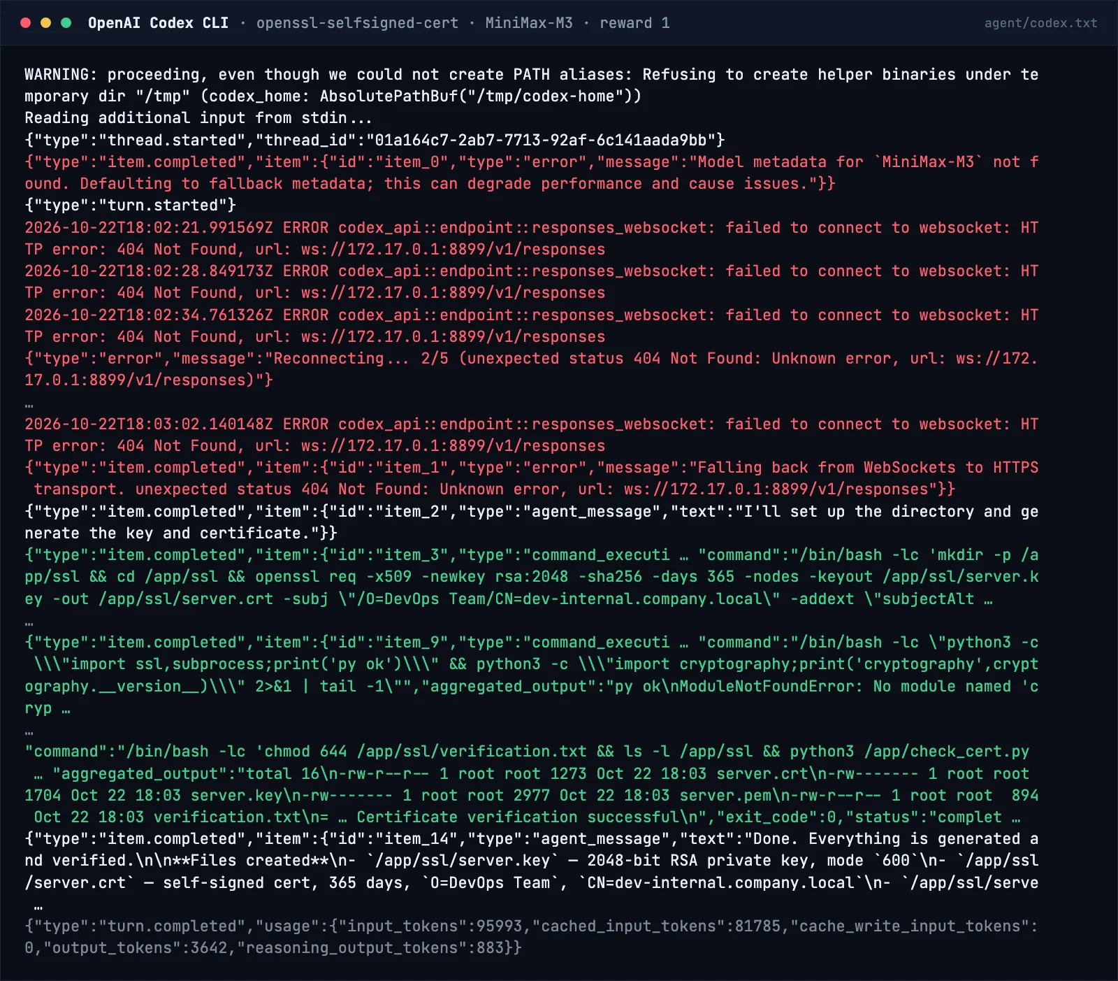 Codex CLI console on the openssl-selfsigned-cert task: warnings about missing model metadata, five WebSocket retries returning 404 and the fallback to HTTPS before running the commands.