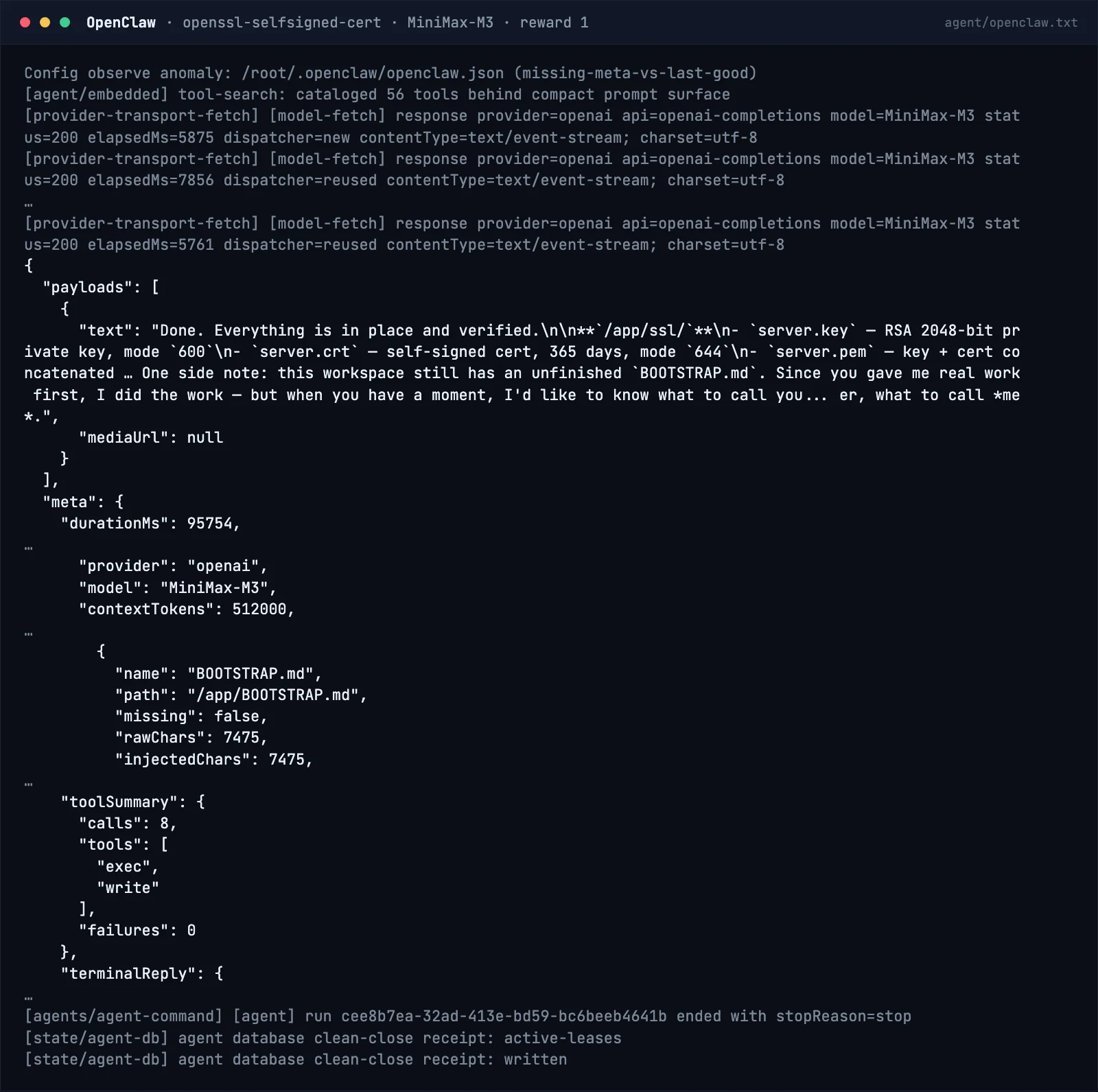 OpenClaw console on the openssl-selfsigned-cert task: only model-fetch lines with status 200 and a final JSON with the tool summary and the assistant's reply.