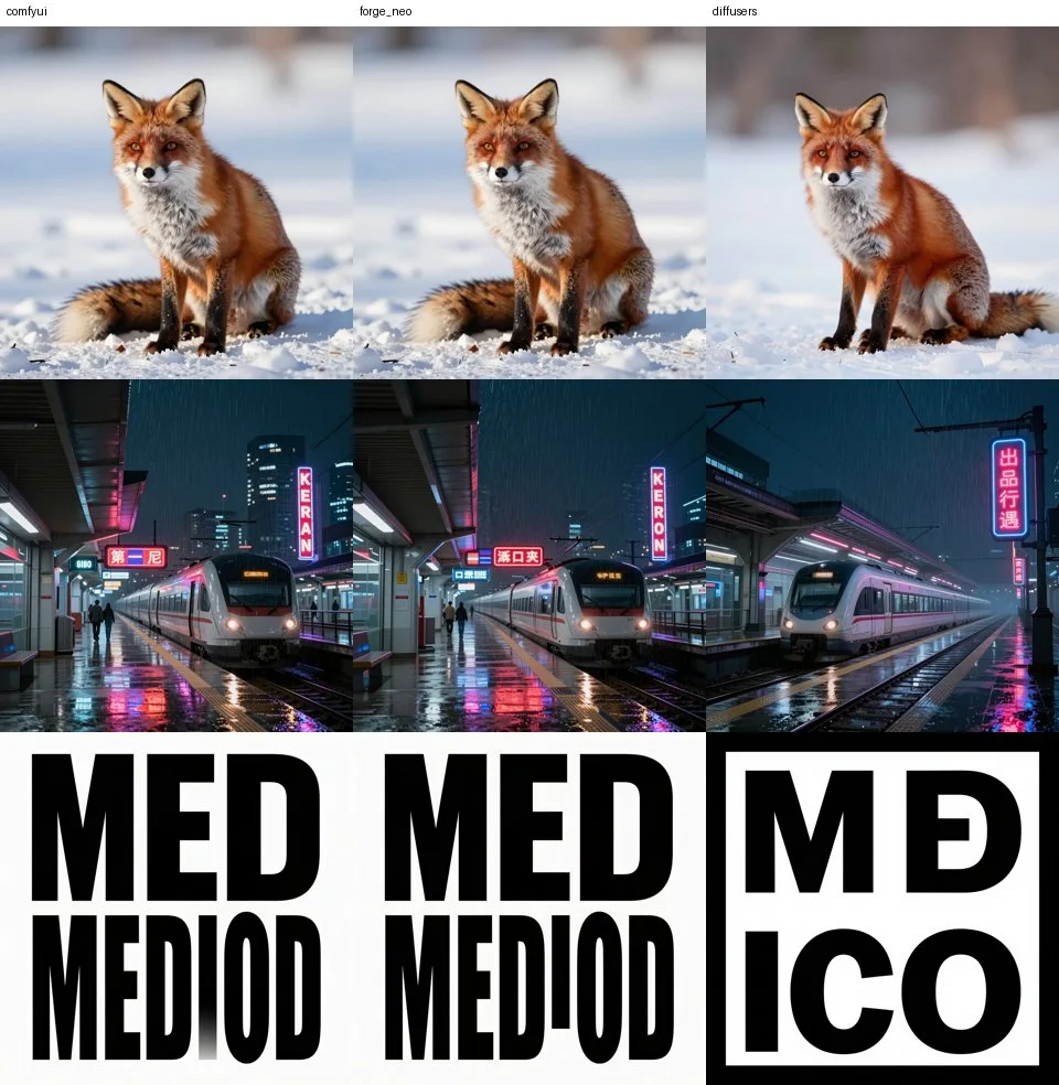 Three prompts with the same seed in Z-Image Turbo: ComfyUI and Forge Neo give the same image; diffusers, another composition.