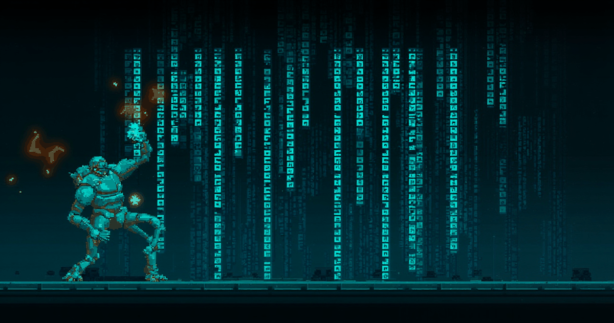 Illustration: a robot straining to push an enormous wall of glowing data columns.