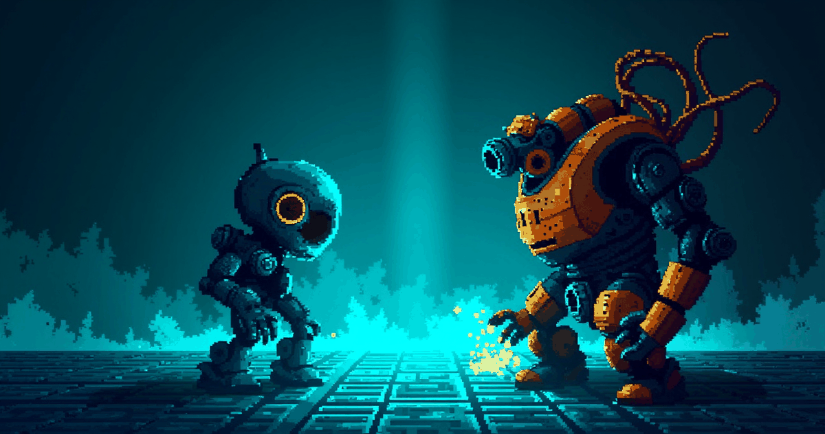 Illustration: a small lens-eyed robot facing a large geared machine, on a floor of spreadsheet cells.
